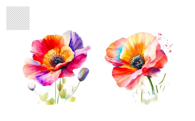 PSD waterverf bloemige bloem png set