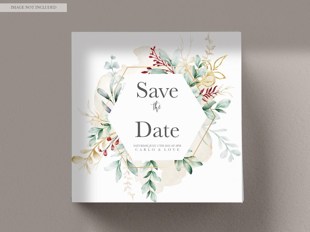 Waterverf bruiloft uitnodigingskaart in groene bladeren en gouden ornament