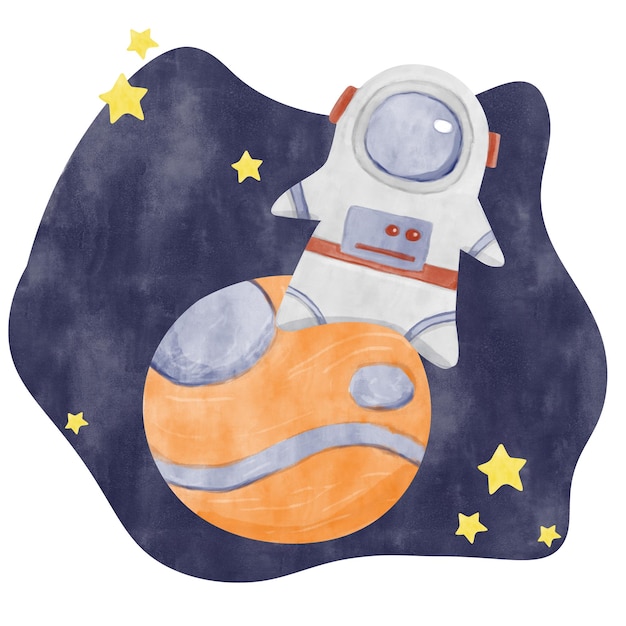 Waterverf illustratie Ruimtecompositie met Astronaut Planet op sterrenblauwe achtergrond voor afdrukken