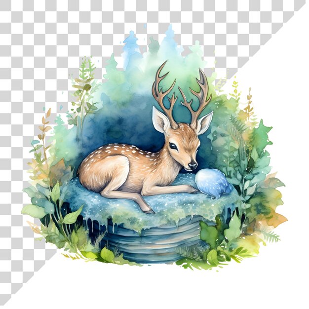 PSD waterverf schattig clipart hert in het bos op doorzichtige achtergrond