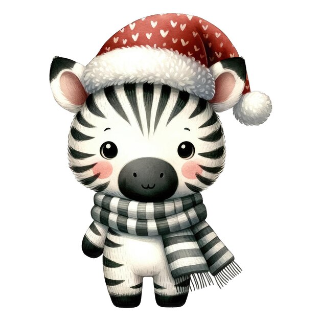 Waterverf schattige zebra met kerstmanhoed en sjaal