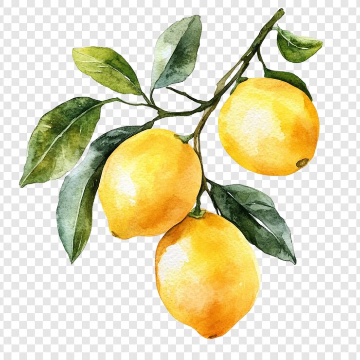 PSD waterverf schilderij van citroenen op een tak met groene bladeren levendige citrusvruchten illustratie