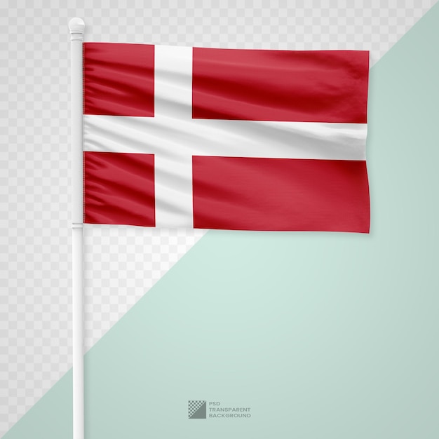 PSD waving the denmark flag on a white metal pole isolated on a transparent background