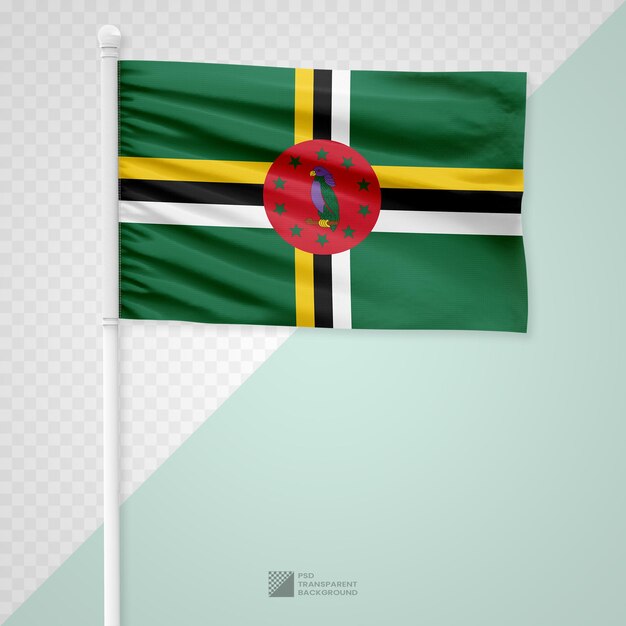Waving the Dominica Flag on a White Metal Pole Isolated on a Transparent Background