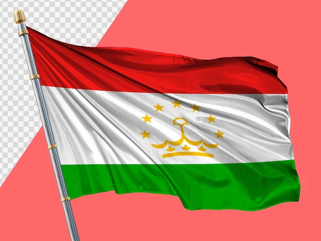PSD 透明な背景に高品質のレンダリングで金属の旗根にタジキスタンの旗を振る