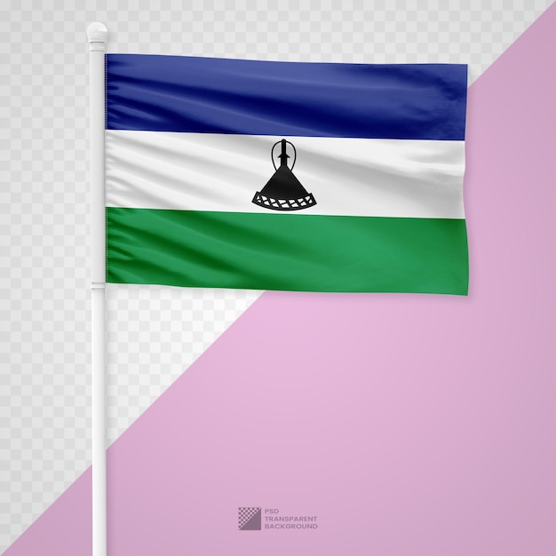 Waving the Lesotho Flag on a White Metal Pole Isolated on a Transparent Background