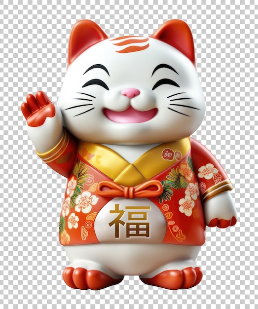 Waving Lucky Cat Isolated on Transparent Background