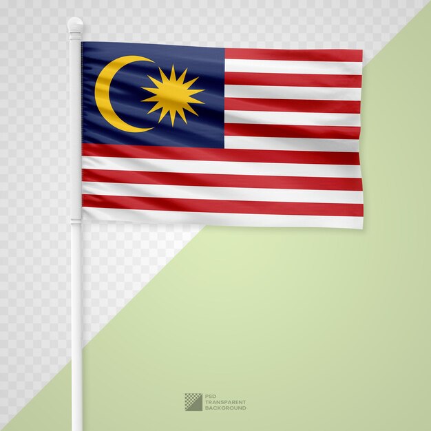 Waving the Malaysia Flag on a White Metal Pole Isolated on a Transparent Background