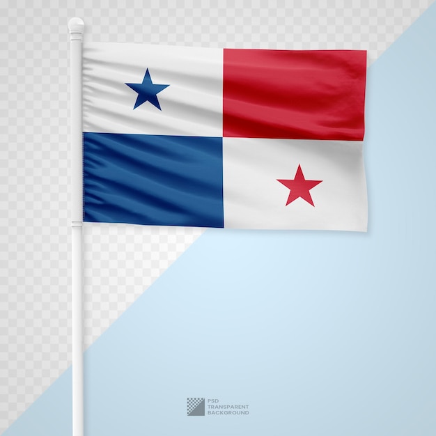 Waving the Panama Flag on a White Metal Pole Isolated on a Transparent Background