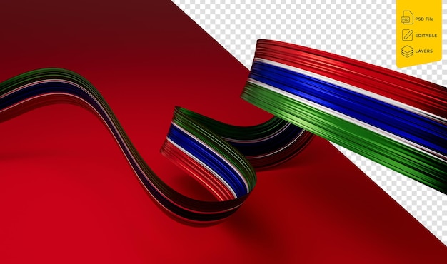 감비아 독립 기념일 개념 빨간색 배경 3d 그림의 국기와 함께 리본 또는 배너를 흔들며