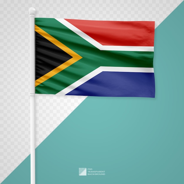 Waving the South Africa Flag on a White Metal Pole Isolated on a Transparent Background