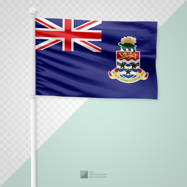 PSD Размахивание флагом каймановых островов на белом металлическом столбе, изолированном на прозрачном фоне