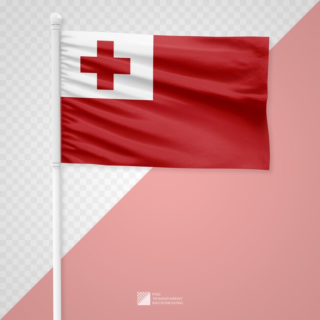 PSD waving the tonga flag on a white metal pole isolated on a transparent background