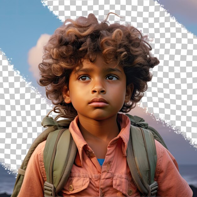wavy haired islander preschooler conservationist in pastel sky blue pose