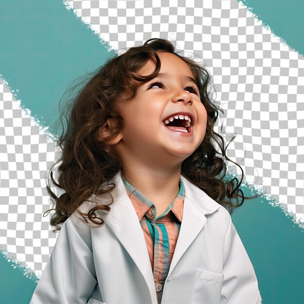 PSD wavy haired native american preschooler playful dietician poses in pastel sky blue