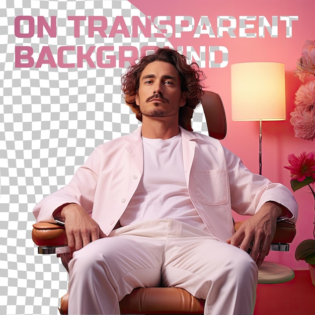 Wavy haired pacific man melancholic stylish poses in massage attire vibing with pastel rose backdrop