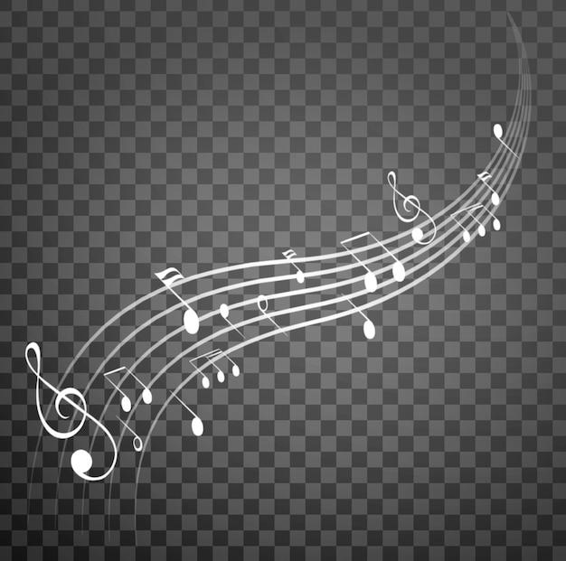 PSD wavy lines or staves of random scattered music notes on a transparent background