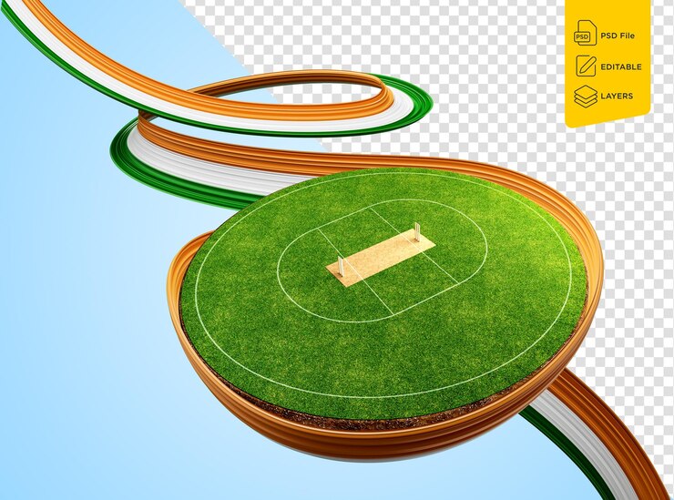 PSD wavy ribbon flag of india with cricket stadium grass cricket pitch game field ilustracja 3d
