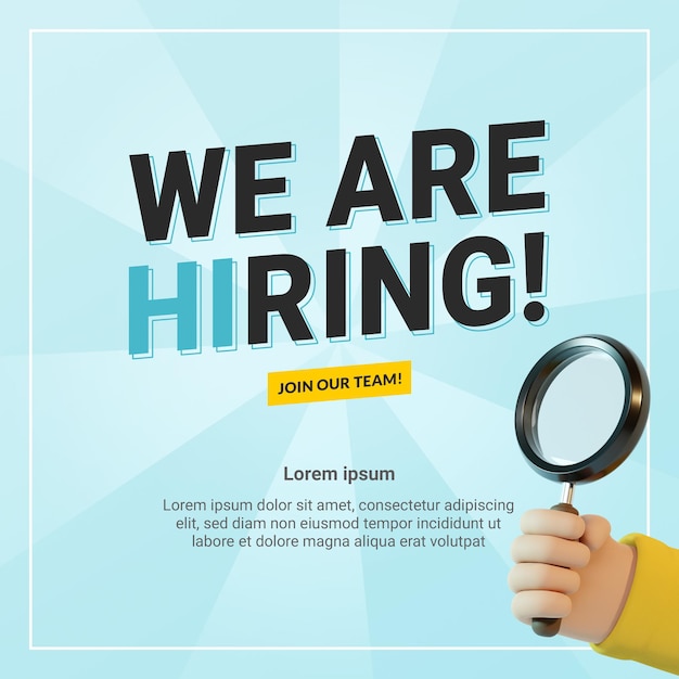 PSD we are hiring announcement with 3d hand held magnifying glass square flyer template