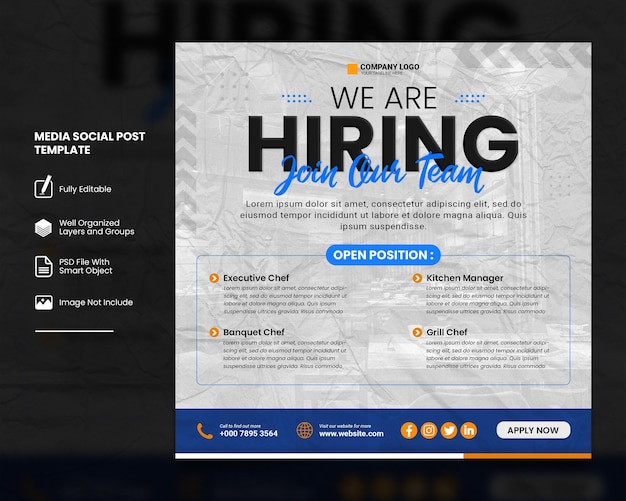 PSD we are hiring chef media social post template