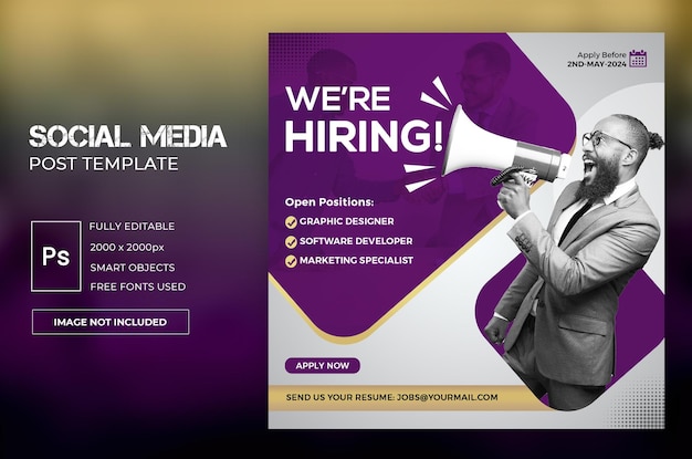 PSD we are hiring job vacancy social media post template or square web banner