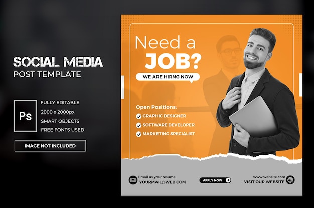 PSD we are hiring job vacancy social media post template or square web banner