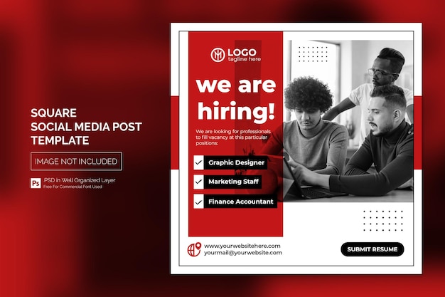 We are hiring job vacancy square banner or social media post template