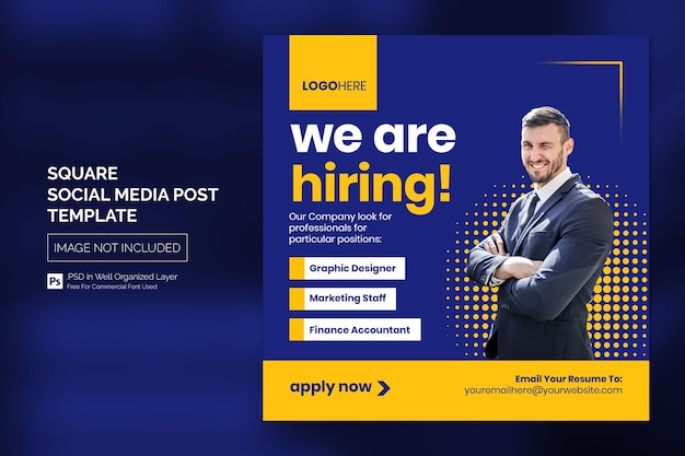 We are hiring job vacancy square banner or social media post template