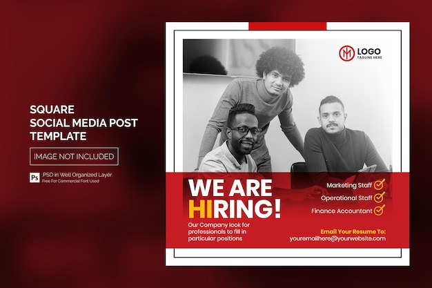 We are hiring job vacancy square banner or social media post template