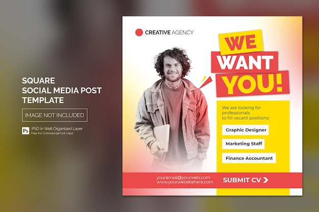 PSD we are hiring job vacancy square banner or social media post template