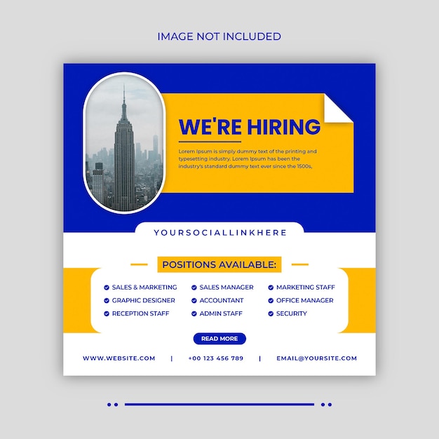 We are hiring job vacancy square banner or social media post template