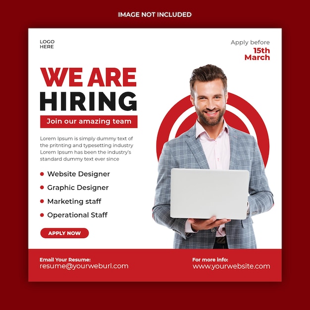 We are hiring job vacancy square social media post banner template