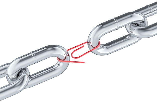 Weak Link weakest link Chain with paper clip 3D rendering isolated on transparent background
