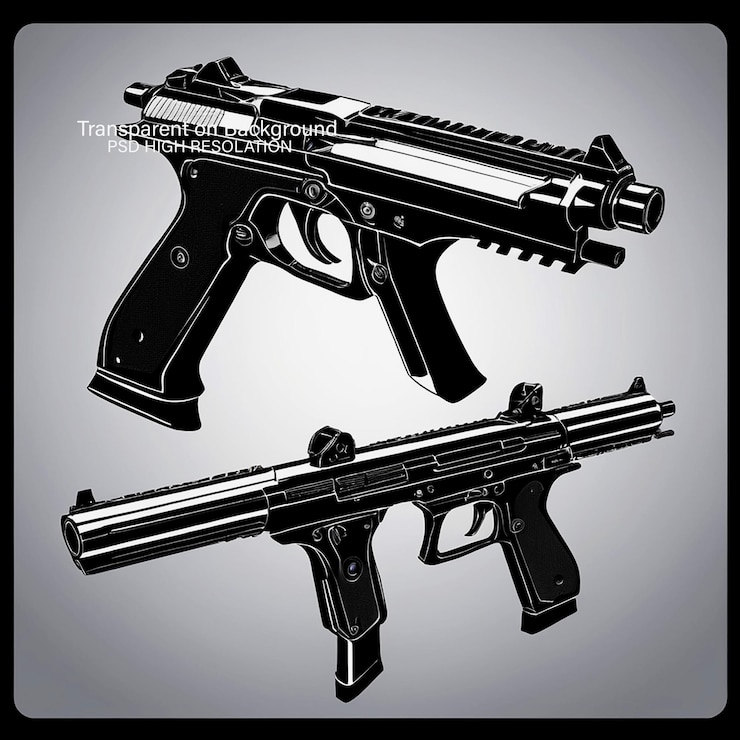 PSD 武器: 黑色影像 矢量插圖 白色背景