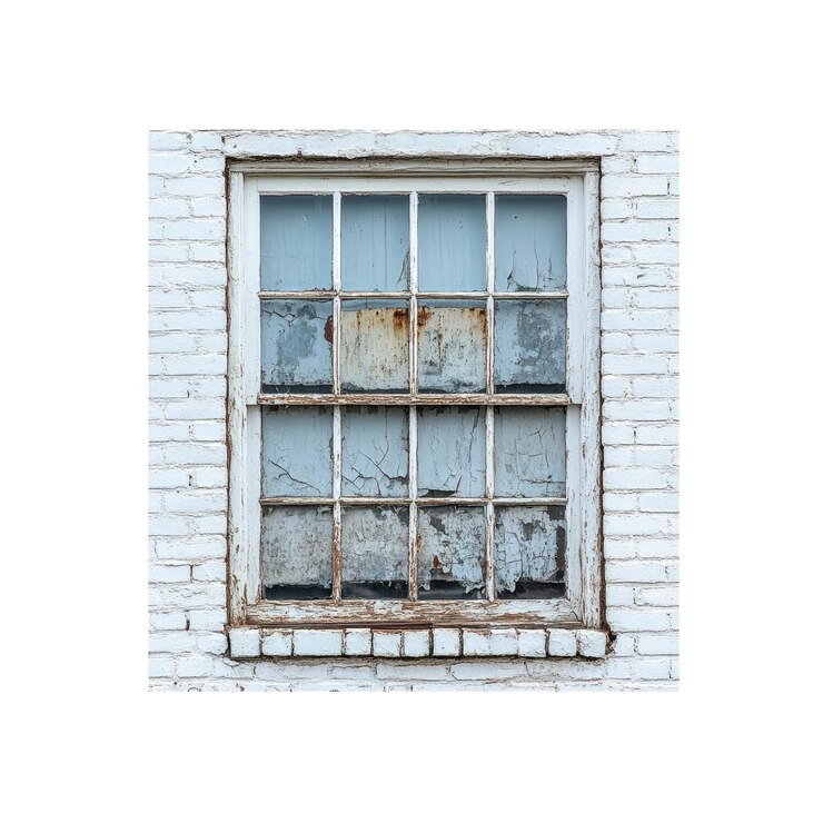 PSD weathered window on white brick wall
