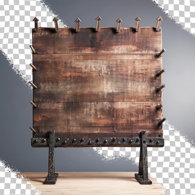 Weathered wooden billboard with nails on stand isolated on transparent background