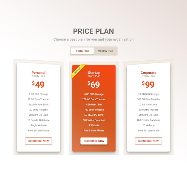 Web agency price table