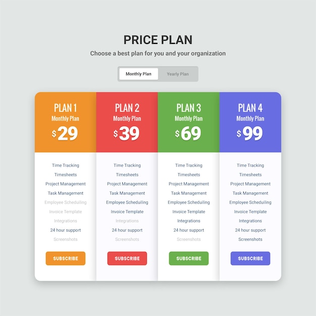 Web agency price table