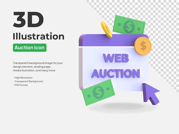 PSD web auction online site icon 3d rendered illustration