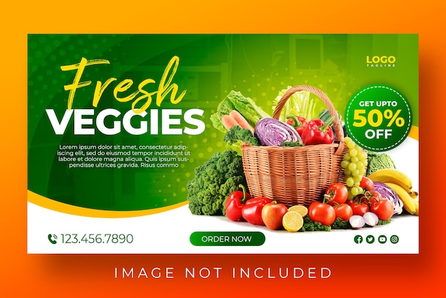 Un modello di banner web per verdure fresche in vendita in un negozio di alimentari o in un supermercato