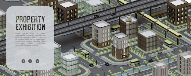 PSD modello di banner web con illustrazione isometrica 3d della città