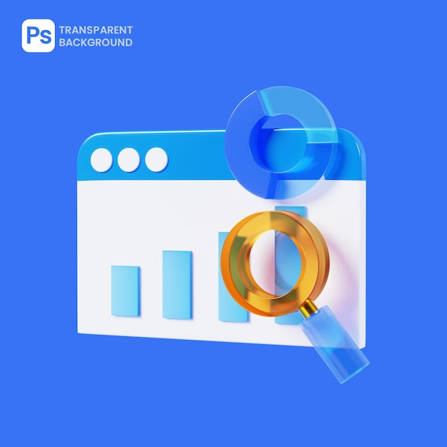 PSD web browser 3d icon and magnifying glass