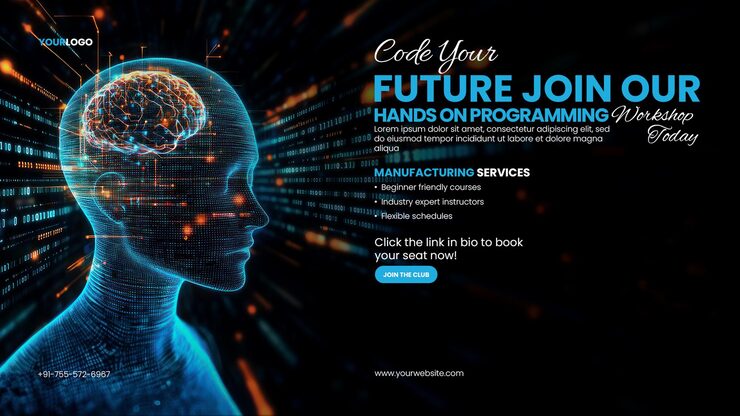 PSD web coding programming workshop banner template with digital human head with an ai brain surrounded by glowing data streams and binary code