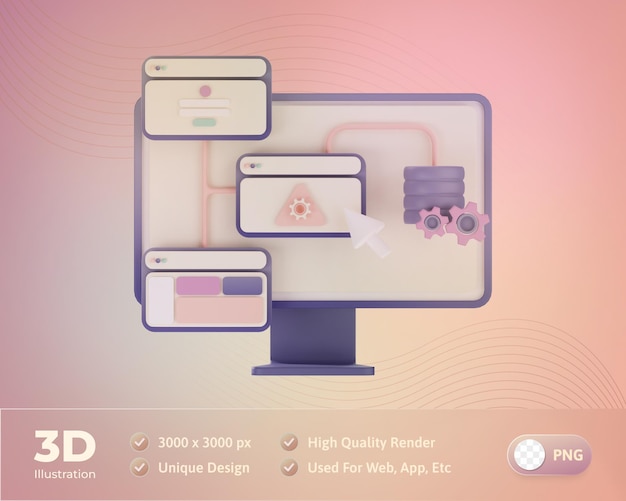 PSD web design che aggiunge una nuova illustrazione 3d del sistema di funzionalità