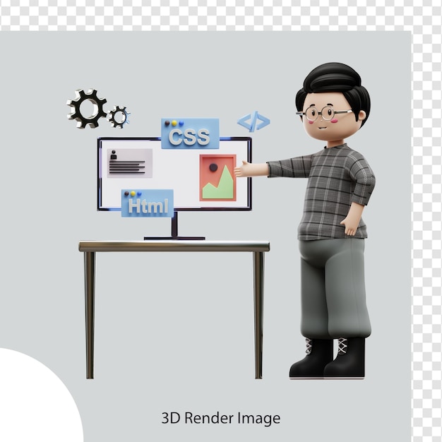 웹, 앱, 인포그래픽에 사용되는 프로젝트 3D 일러스트레이션에서 작업하는 웹 개발자