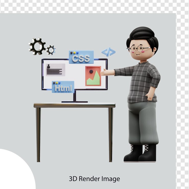 PSD 웹, 앱, 인포그래픽에 사용되는 프로젝트 3d 일러스트레이션에서 작업하는 웹 개발자