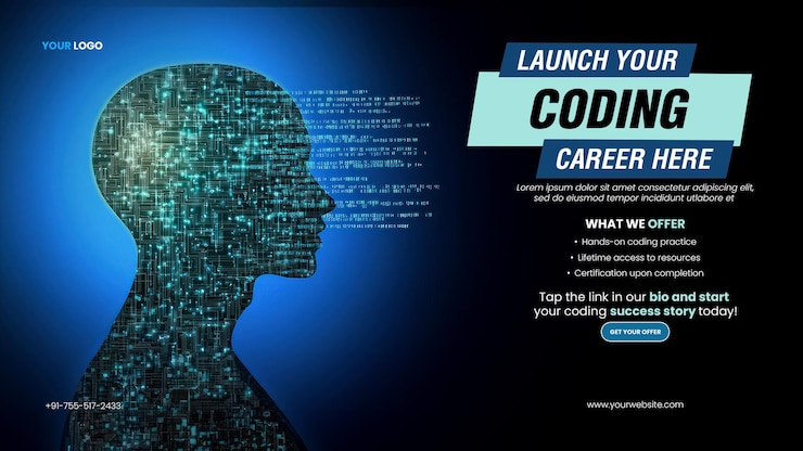 PSD web development script workshop banner template with digital ai head crafted from circuit patterns with binary code streaming outward
