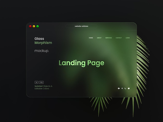 Web interface presentation mockup with glass morphism effects and palm leaves