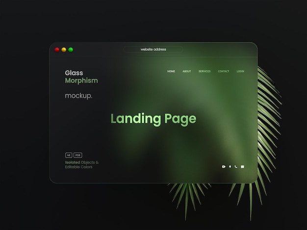 PSD mockup di presentazione dell'interfaccia web con effetti di morfismo di vetro e foglie di palma