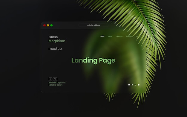 Web interface presentation mockup with transparent glass effects and palm leaves